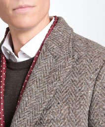 Brown British Wool Herringbone Peak Lapel Overcoat